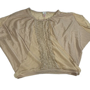 Women’s Tan Sheer Lace Blouse Large Batwing Short Sleeve Boho Top